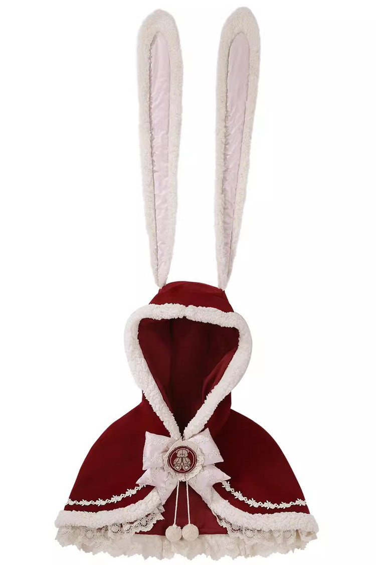 Red [New Year] Long Sleeves Embroidered Bow Lace Sweet Lolita Skirt and Rabbit Ears Cloak Set - Cloak - 12