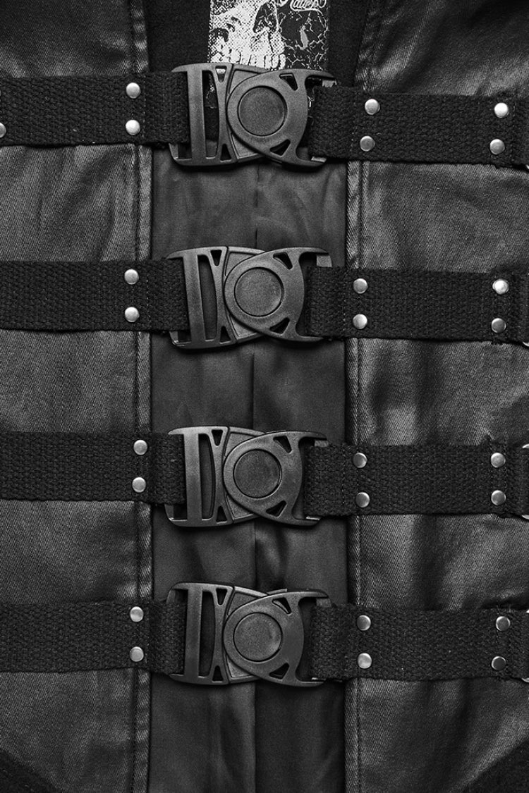 Black High Collar Faux Leather Stitching Mesh Rivet Buckle Women's Punk Cloak - Product - 5