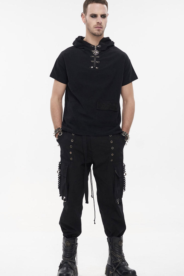 Black Punk Tatting Multi-Pocket Metal Chain Cargo Men's Pants - Black - 9