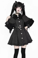 Black Long Sleeves Stripe Print Removable Cape Ruffle Lace Gothic Jirai Kei Elegant Dress - Black - 1