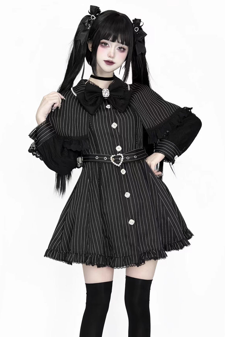 Black Long Sleeves Stripe Print Removable Cape Ruffle Lace Gothic Jirai Kei Elegant Dress - Black - 1
