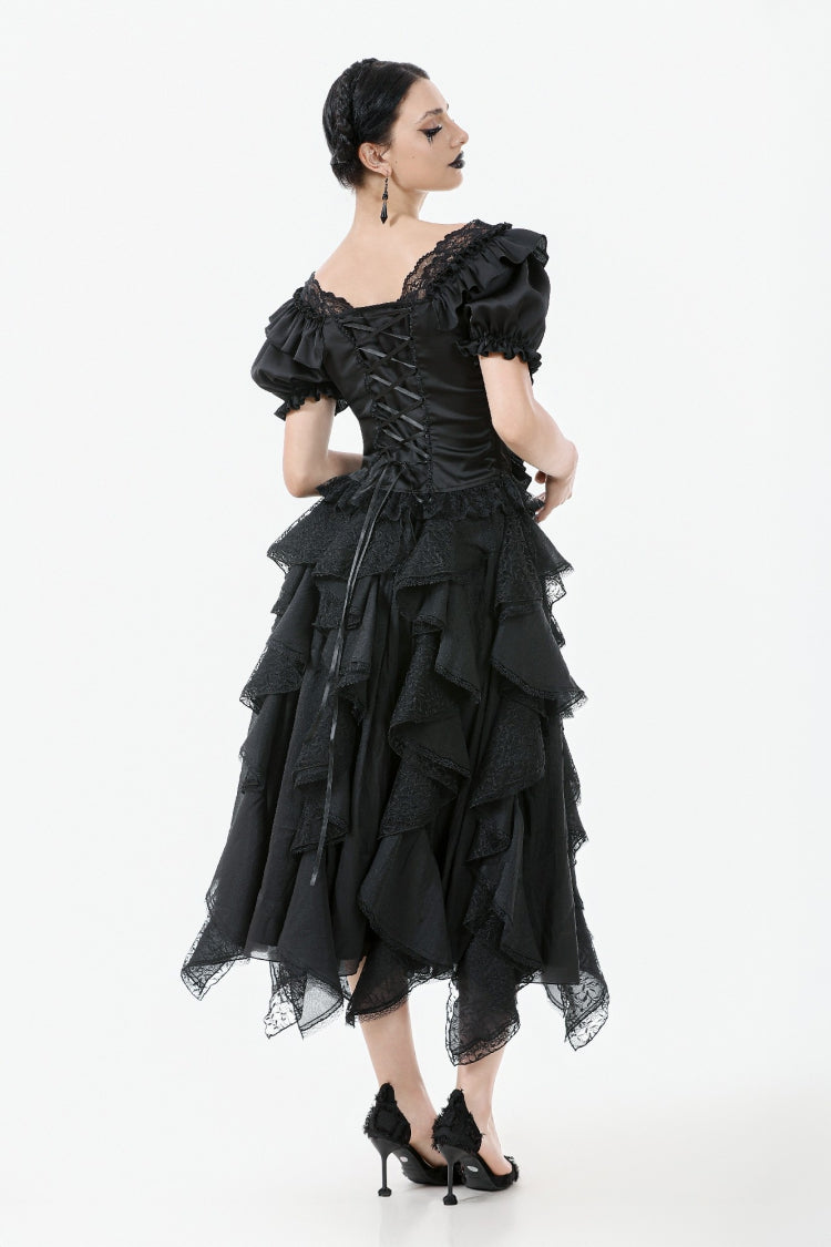 Black Square Collar Short Sleeves Ruffled Lace Lace-Up Women's Gothic Rococo Corset Top - Product - 10