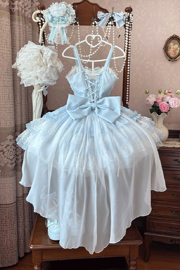 Blue [Dance of Time] Sleeveless Triple-Layered Ruffle Bowknot Lace Lace-Up Sweet Ballet Lolita Jsk Dress - Product - 4