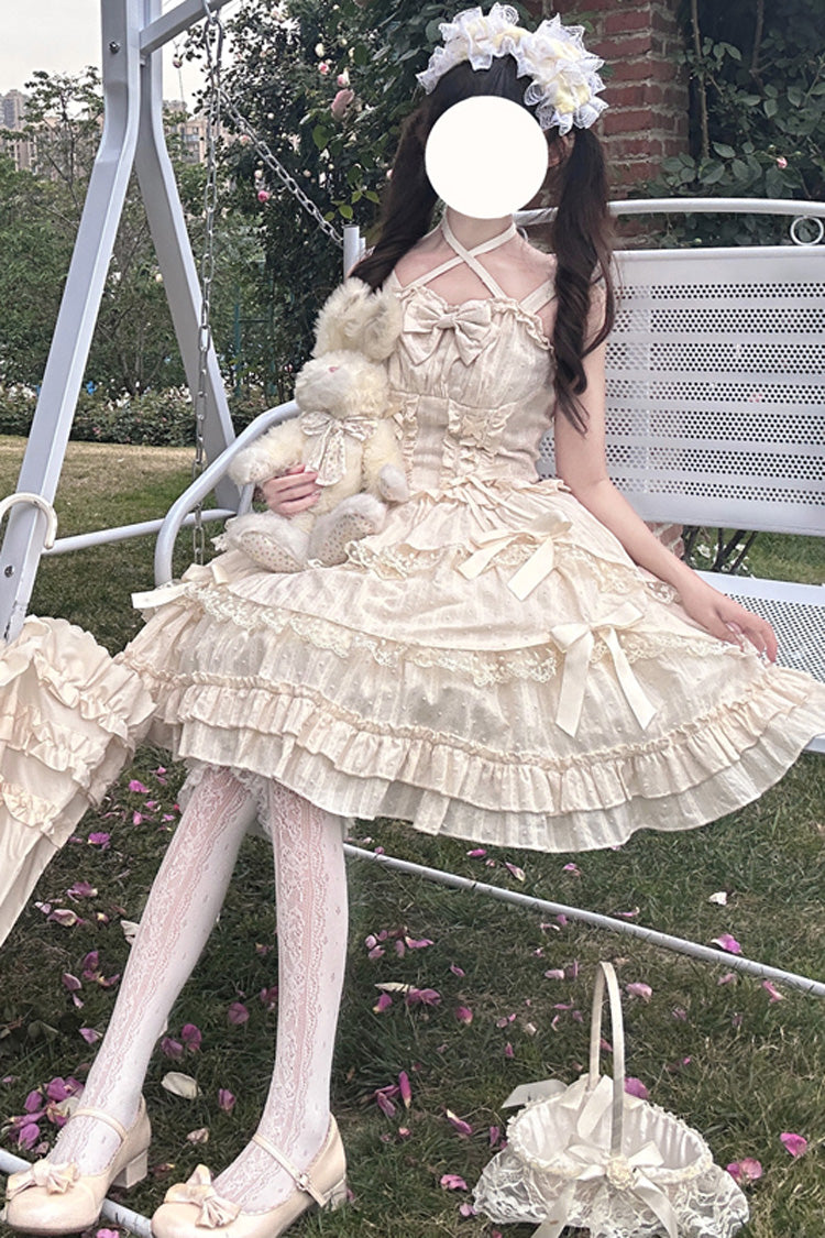 Apricot [Miss Pearl] Sleeveless Double-Layered Bowknot Lace Lace-Up Sweet Lolita Jsk Dress - Product - 2