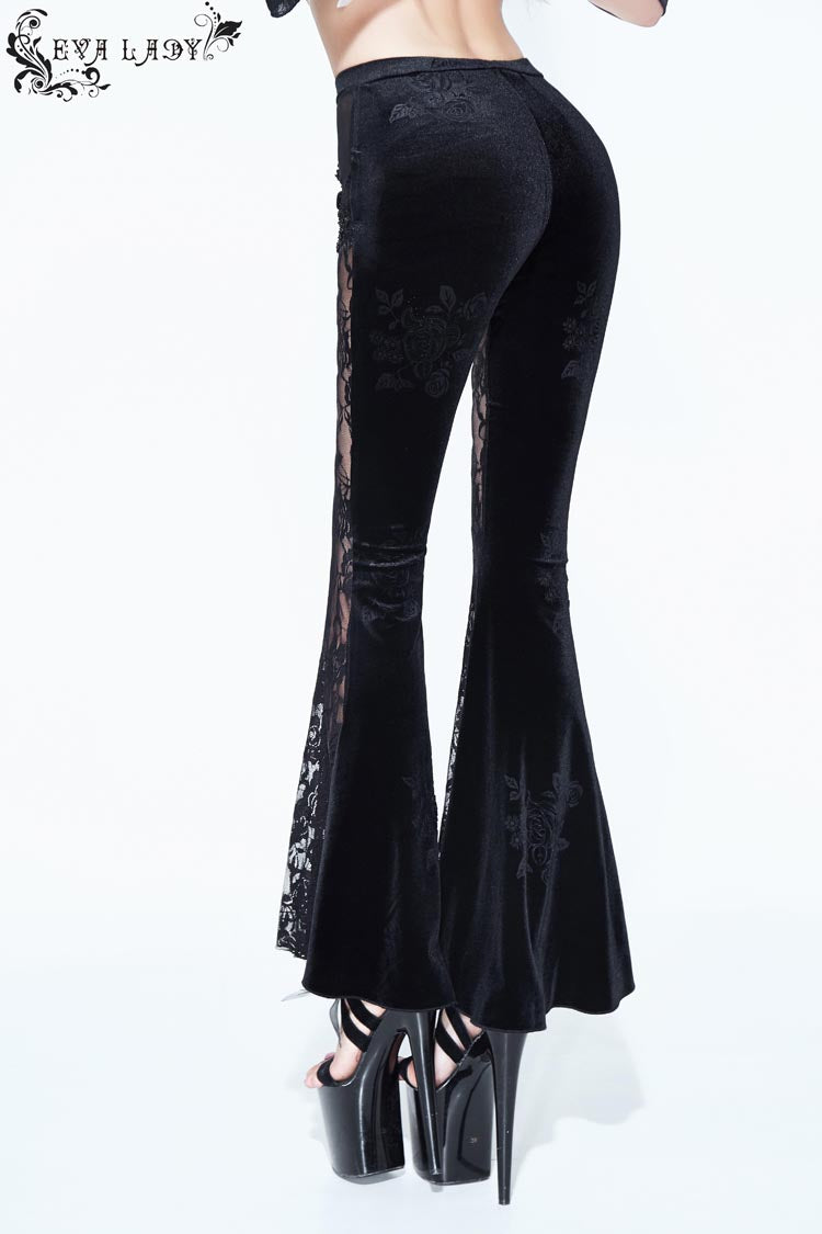 Black Side Bead Chain Flowers Splice Rose Pattern Lace Embossed Women's Gothic Knitted Flare Trousers - Product - 4