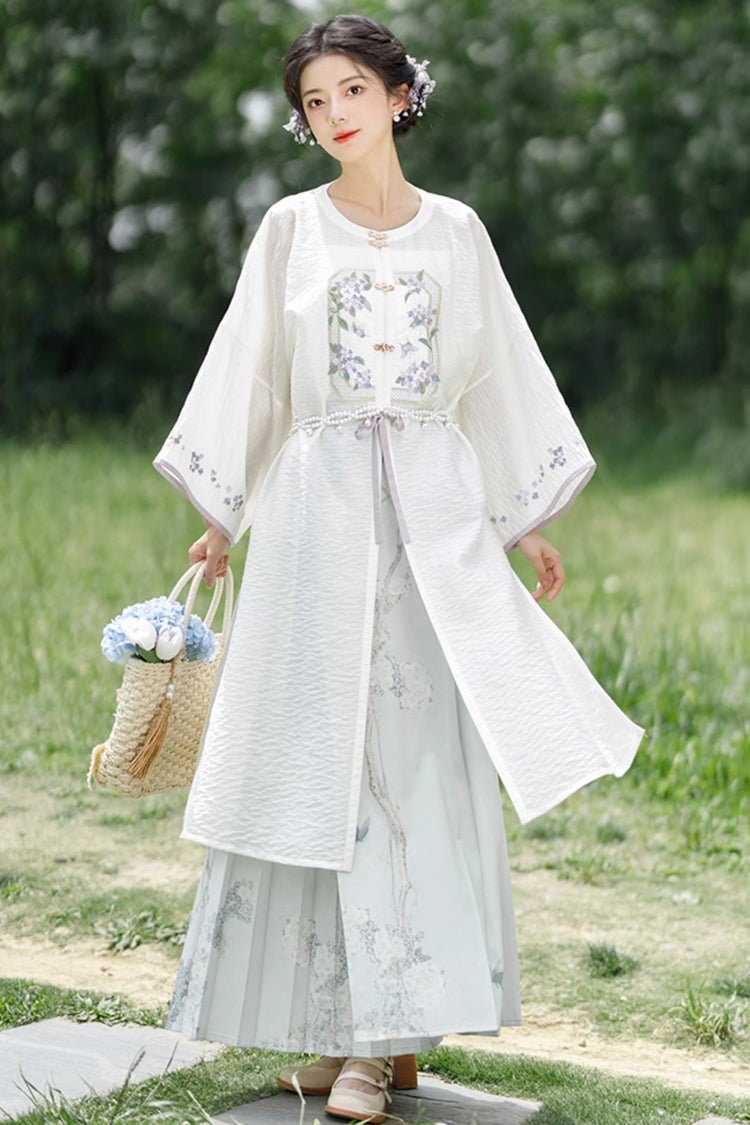 White Round Collar Print Embroidery Women's Chinese Style Elegant Hanfu Dress Two Piece - White - 1