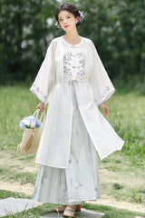 White Round Collar Print Embroidery Women's Chinese Style Elegant Hanfu Dress Two Piece - White - 1