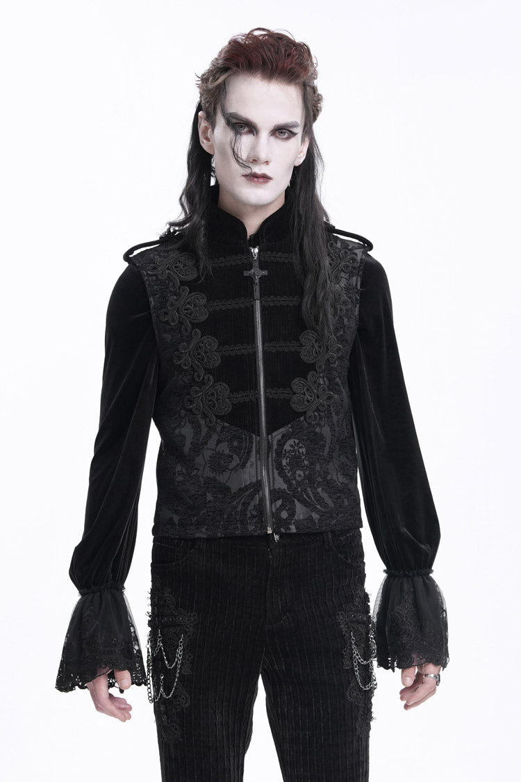 Black Stand Collar Sleeveless Floral Crochet Zipper Men's Gothic Vest - Product - 9
