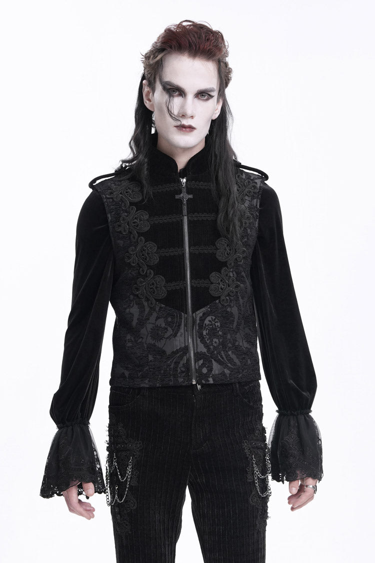 Black Stand Collar Sleeveless Floral Crochet Zipper Men's Gothic Vest - Product - 9