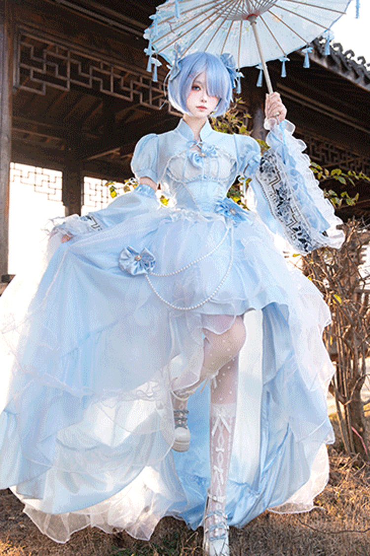 Blue/White Porcelain Printed Ruffled Bow Lace High-low Sweet Plus Size Lolita Jsk Dress(Long Version) - Product - 6