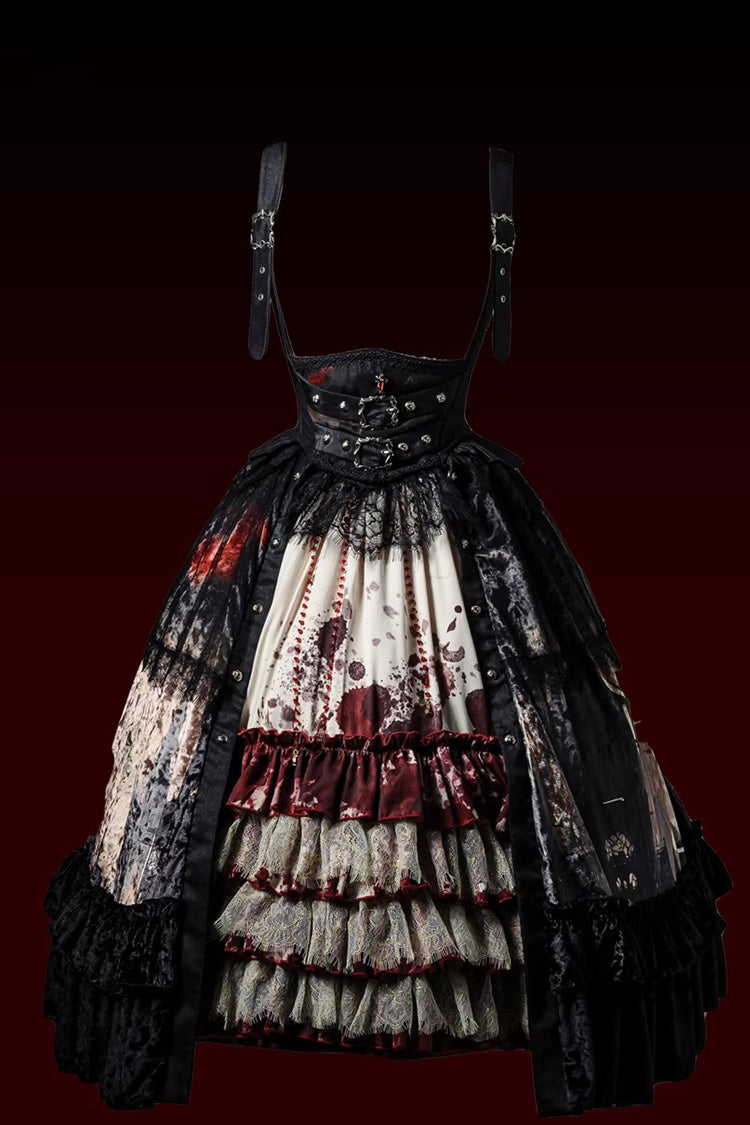 [Heretical Nun] Sleeveless Multi-Layered Printed Ruffled Open-Front Gothic Plus Size Lolita Strap Dress Short Version 2 Colors - Product - 4