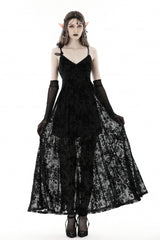 Black Sleeveless Lace Lace-Up Women's Gothic Maxi Rose Slip Dress - Black - 1