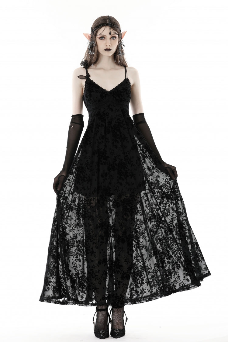 Black Sleeveless Lace Lace-Up Women's Gothic Maxi Rose Slip Dress - Black - 1