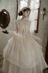 White [Dream by the Pillow] Triple-Layered Ruffled Bow Lace Sweet Elegant Lolita Dress - Product - 9