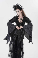Black V Collar Long Trumpet Sleeves Printed Slim Women's Gothic Rose Feather Gorgeous Blouse - Product - 5