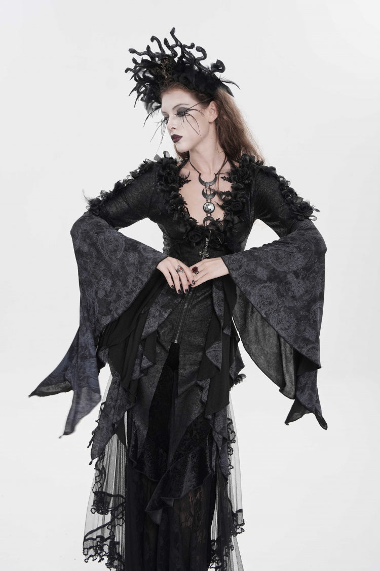 Black V Collar Long Trumpet Sleeves Printed Slim Women's Gothic Rose Feather Gorgeous Blouse - Product - 5