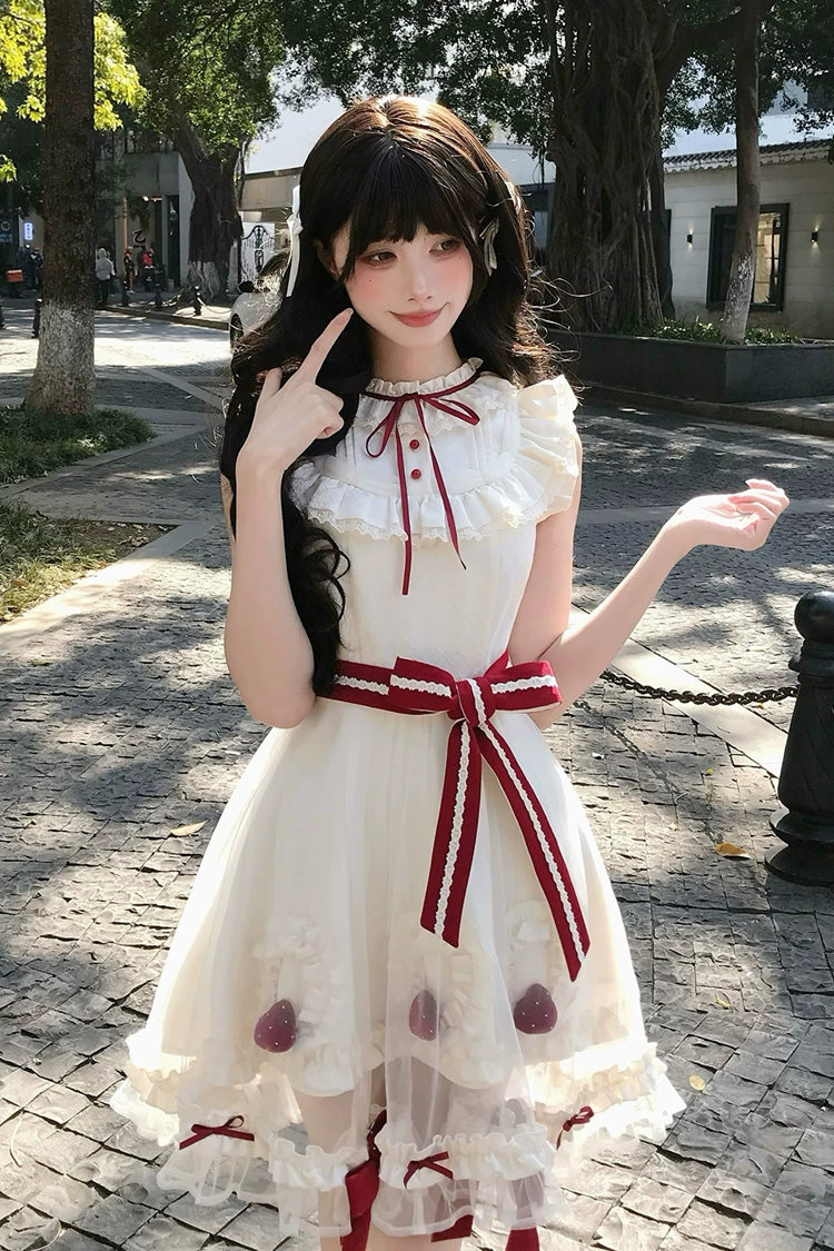 Ivory [Strawberry Mousse Cake] Stand Collar Sleeveless Mesh Ruffled Bow Lace Sweet Lolita Dress - Product - 3