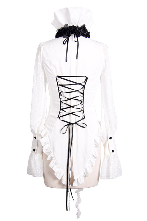 White Lace Up Chiffon Ruffled Dovetail Womens Gothic Blouse - Product - 7