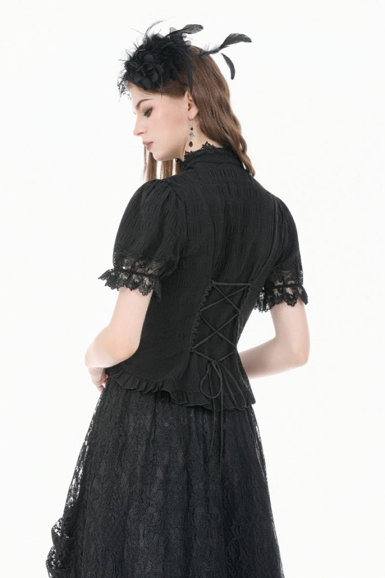 Black Stand Collar Short Puff Sleeves Sheer Lace Lace-Up Women's Gothic Blouse with Detachable Bowknot - Product - 4