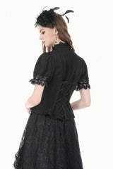 Black Stand Collar Short Puff Sleeves Sheer Lace Lace-Up Women's Gothic Blouse with Detachable Bowknot - Product - 4