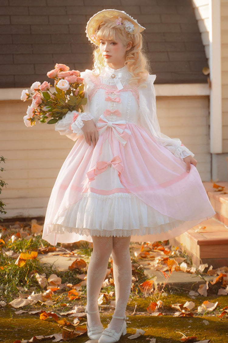 Pink Sleeveless Ruffle Cardigan Bowknot Lace Sweet Plus Size Lolita Jsk Dress - Pink - 1