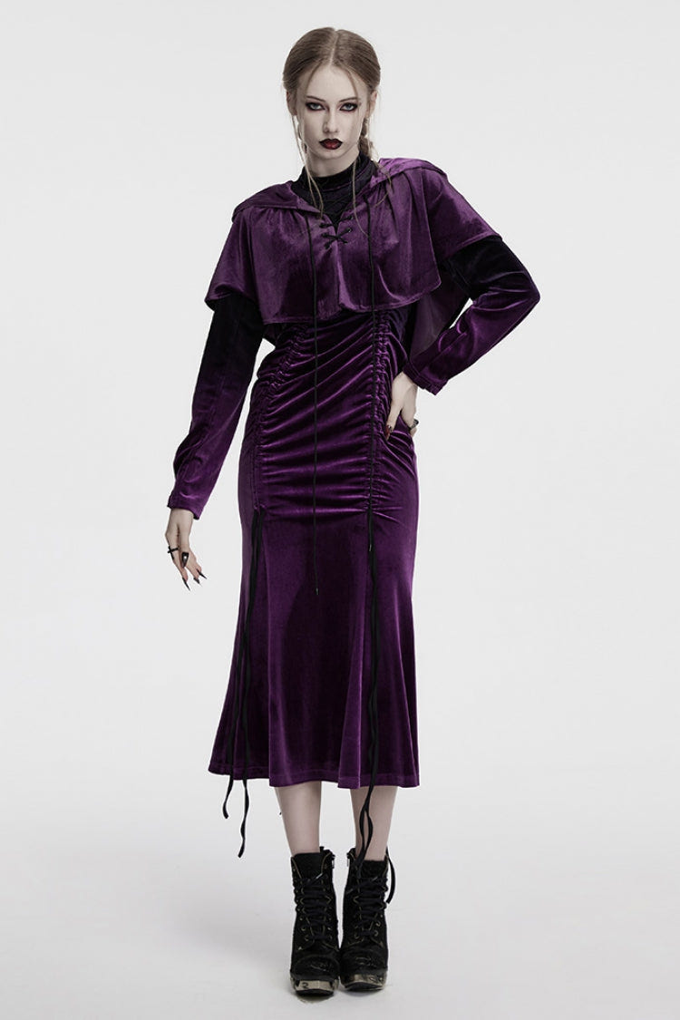 Black/Purple Drawstring Long Sleeves Gradient Women's Gothic Dress - Product - 3