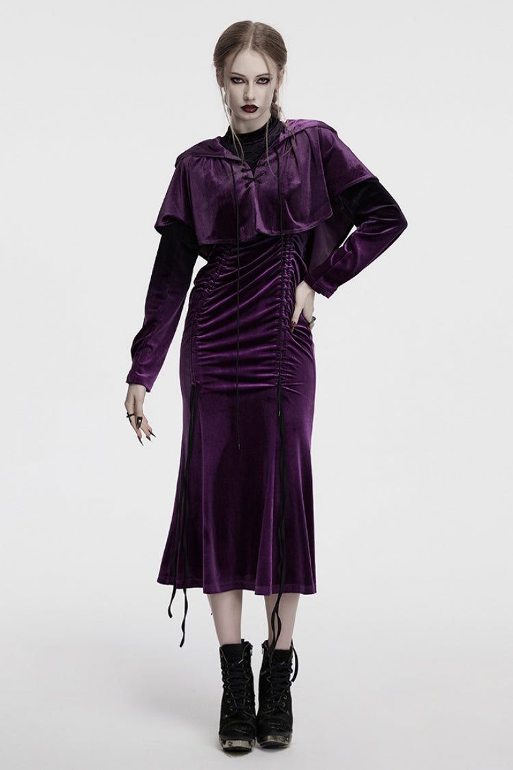 Black/Purple Drawstring Long Sleeves Gradient Women's Gothic Dress - Product - 3