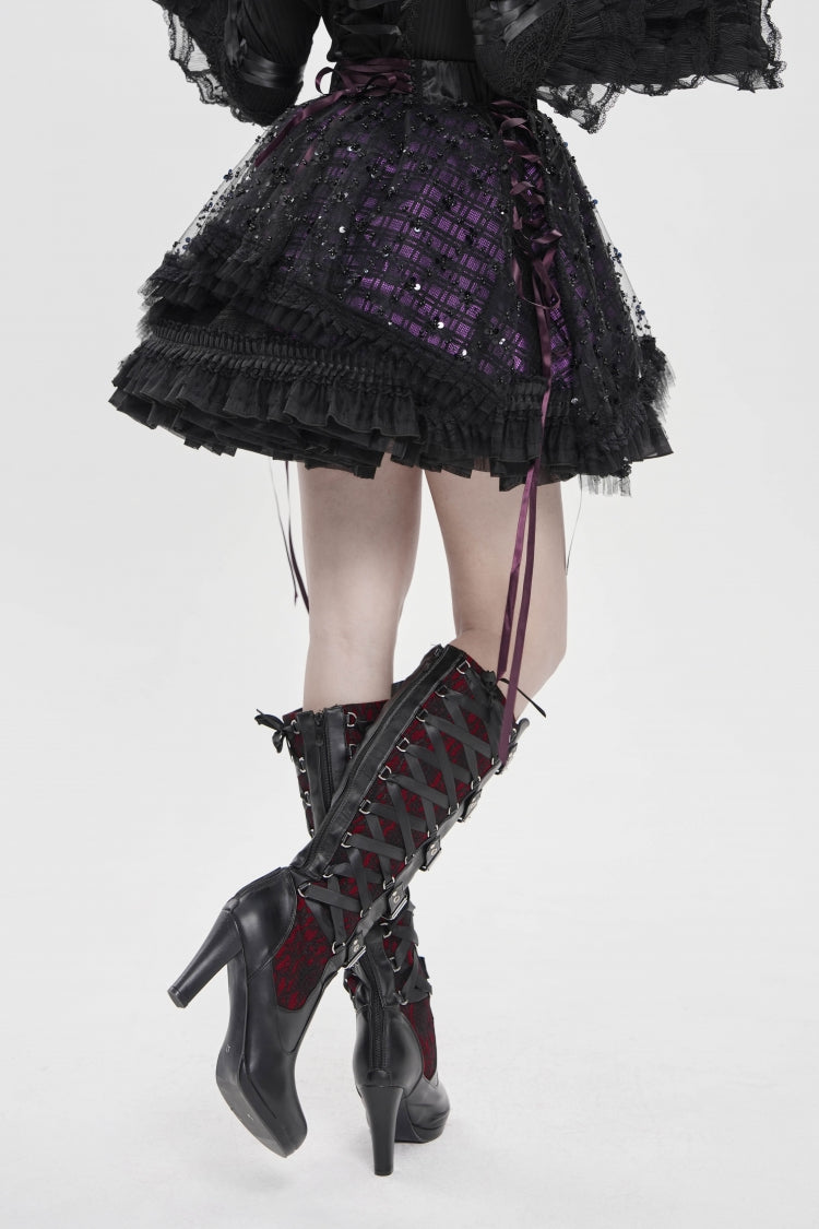 Black/Purple Multi-Layered Lace Lace-Up Women's Gothic Skirt - Product - 9
