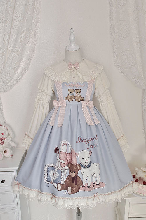 Blue Sheep & Bear Print Alice Girl Bowknot Ruffled Sweet Lolita JSK Dress - Blue - 1