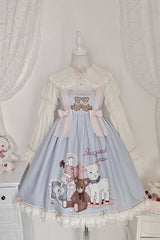 Blue Sheep & Bear Print Alice Girl Bowknot Ruffled Sweet Lolita JSK Dress - Blue - 1