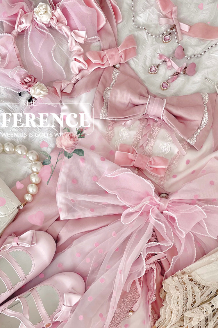 Pink [Polka Waltz] Sleeveless Print Bowknot Stitching Lace Sweet Lolita Jsk Dress - Product - 5