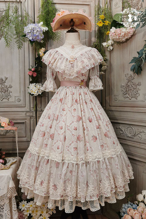 Elegant Vintage Rose Flowers Print Multi-Layer Embroidery Ruffled Sweet Lolita OP Dress - Ivory - 1