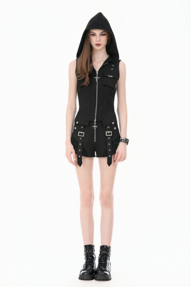 Black Sleeveless Studded Zippered Women's Punk Hooded Vest - Product - 8