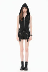 Black Sleeveless Studded Zippered Women's Punk Hooded Vest - Product - 8