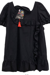 Black Ruffled Square Collar Cute Tiger Embroidered Bubble Short Sleeves High Waisted Sweet Lolita Dress - Product - 11