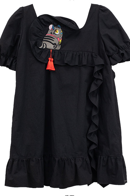 Black Ruffled Square Collar Cute Tiger Embroidered Bubble Short Sleeves High Waisted Sweet Lolita Dress - Product - 11