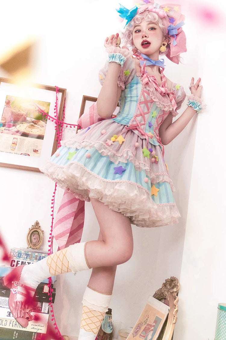 Pink [Sugar Magic] Print Ruffle Bowknot Lace Lace-Up Sweet Lolita Dress - Product - 8