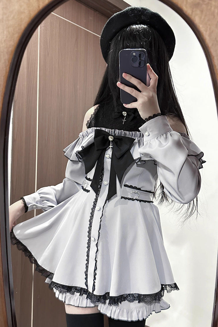 Black Long Sleeves Ruffle Stitching Lace Jirai Kei Japanese Strapless Dress Set - Light-Blue - 6