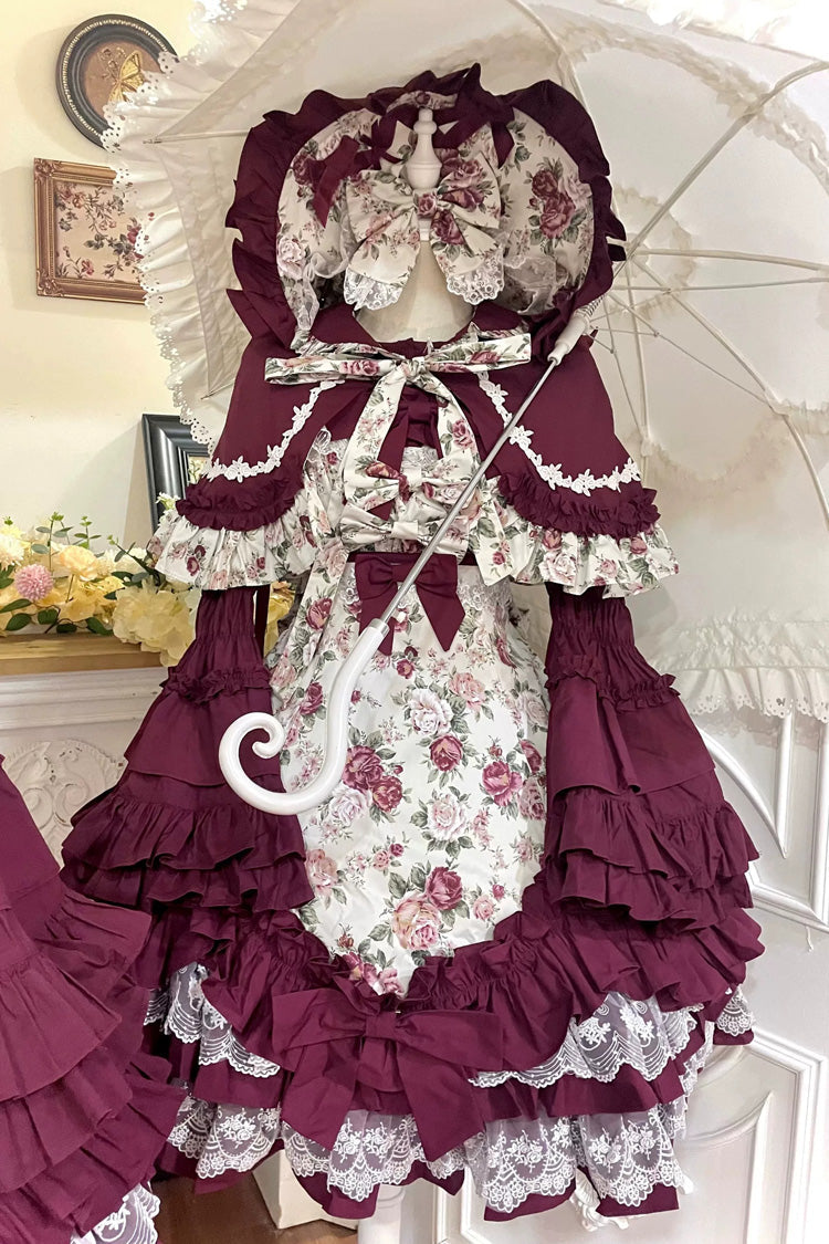 Burgundy Rose Flower Wall Printed Off Shoulder Sleeveless Ruffled Bow Lace Gothic Lolita Jsk Dress - Product - 15