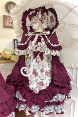 Burgundy Rose Flower Wall Printed Off Shoulder Sleeveless Ruffled Bow Lace Gothic Lolita Jsk Dress - Product - 15
