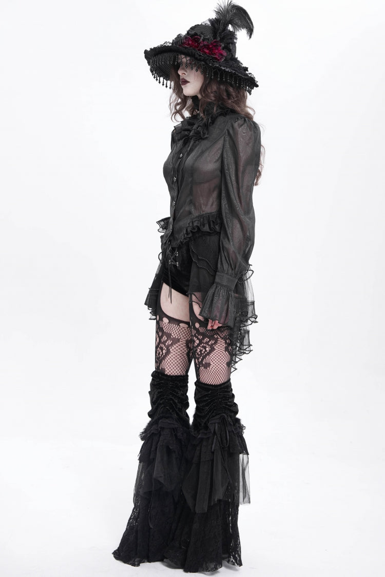 Black Stand Collar Ruffle Sheer Women's Swallow-tailed Gothic Blouse - Product - 6