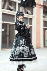 Black [Feast of Bones] Print Ruffle Bowknot Lace Gothic Elegant Lolita Long Dress - Product - 5