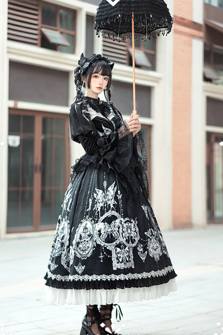 Black [Feast of Bones] Print Ruffle Bowknot Lace Gothic Elegant Lolita Long Dress - Product - 5