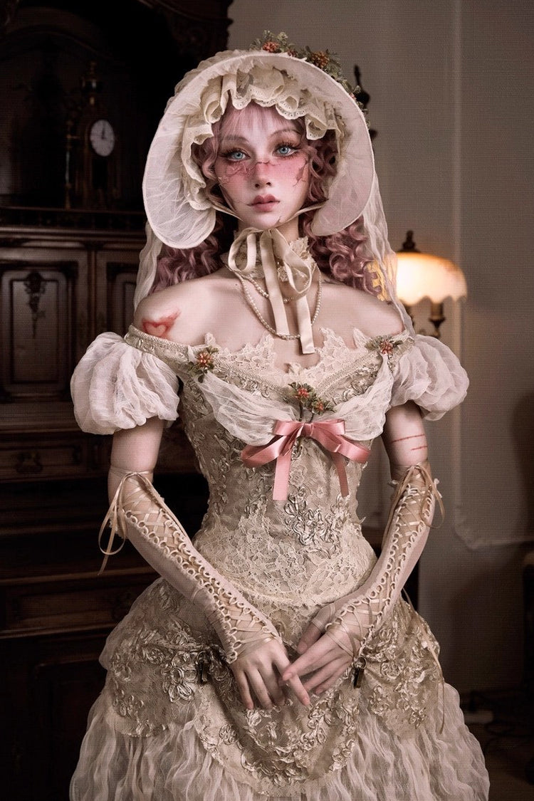 Light Brown [Cupid’s Poetry Box] Boat Neck Short Puff Sleeves Ruffled Cut-Out Embroidered Bow Lace Gothic Elegant Lolita Skirt Dress and Top Set - Product - 8