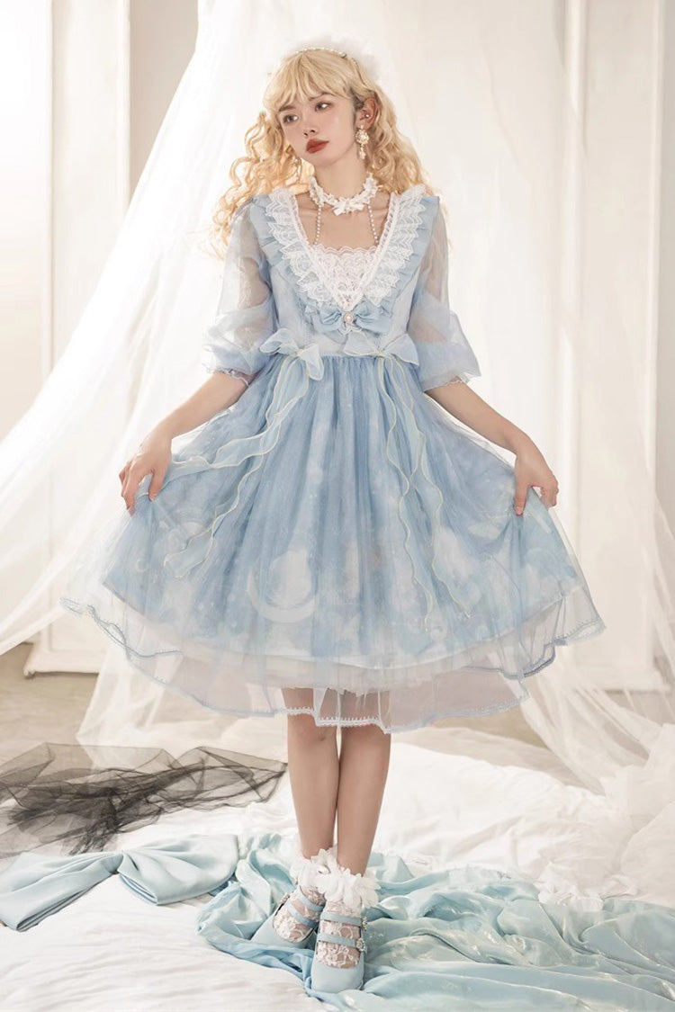 Blue High Waisted Planet Butterfly Print Ruffle Lace Sweet Lolita Dress - Blue - 1