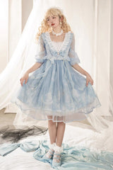 Blue High Waisted Planet Butterfly Print Ruffle Lace Sweet Lolita Dress - Blue - 1