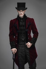 Wine Formal Party Turn Down Collar Long Sleeves Mens Gothic Swallowtail Coat - Wine - 1