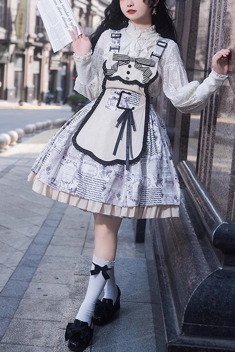 White Vintage Berlin Daily Print Removable Apron Classic Lolita Strap Dress - White - 1