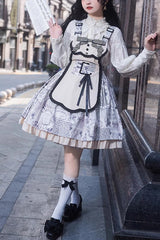 White Vintage Berlin Daily Print Removable Apron Classic Lolita Strap Dress - White - 1