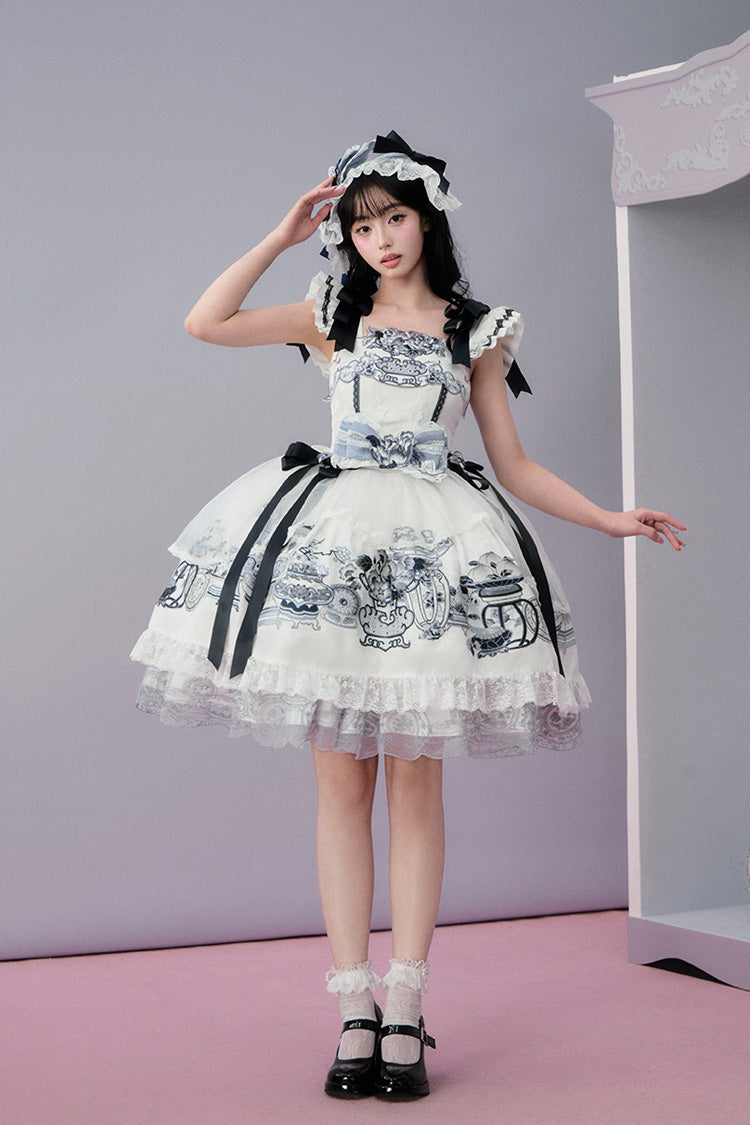 Blue/White [Celadon Jade Cup] Square Collar Flutter Sleeves Printed Ruffled Embroidered Bow Lace Classic Chinese Inspired Lolita Jsk Dress - Blue/White - 1
